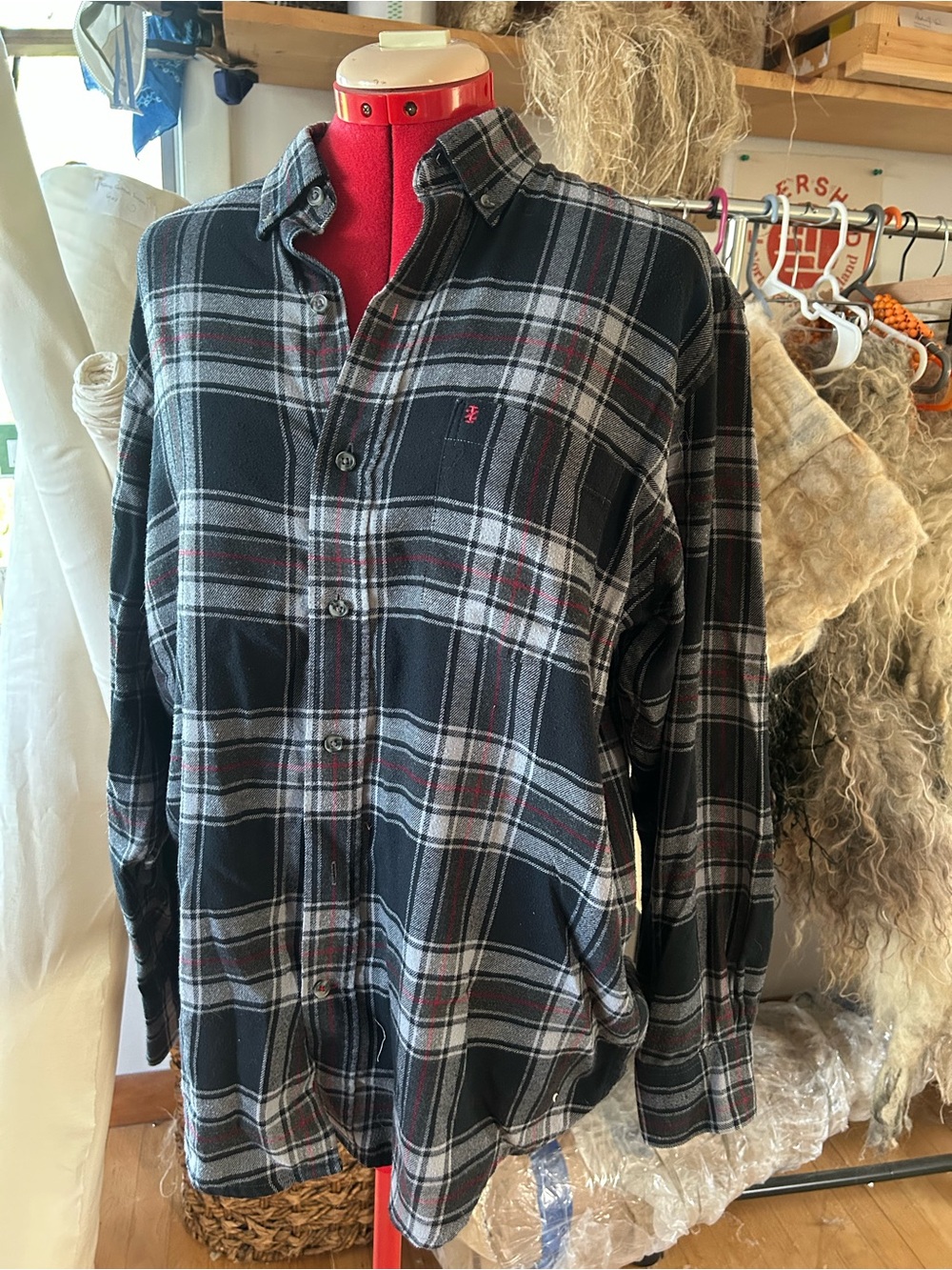 Izod Black, Gray and Red Plaid Flannel Shirt, like new